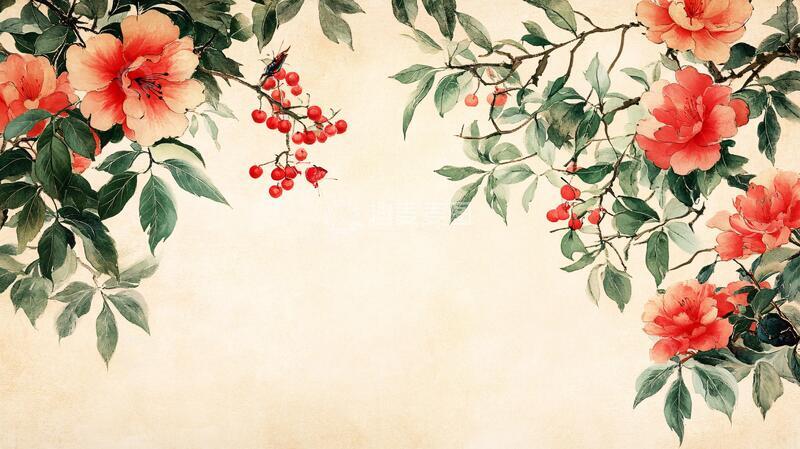 高清大图下载【趣麦麦图】花红果壁画花鸟手绘红果