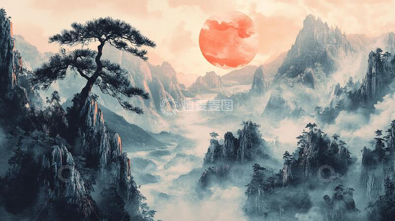 高清大图下载【趣麦麦图】红日水墨山水114