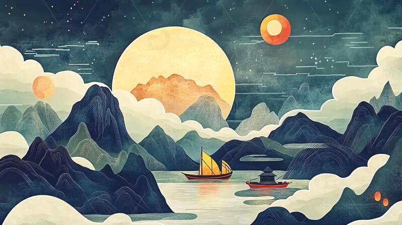 高清大图下载【趣麦麦图】山水行舟插画10