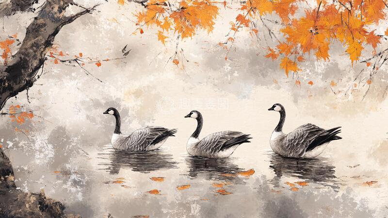 高清大图下载【趣麦麦图】天鹅湖水墨画1