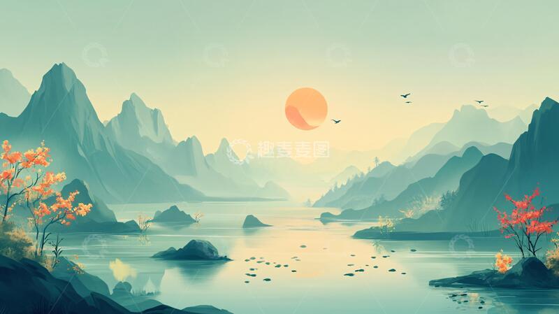 高清大图下载【趣麦麦图】中式山湖插画5