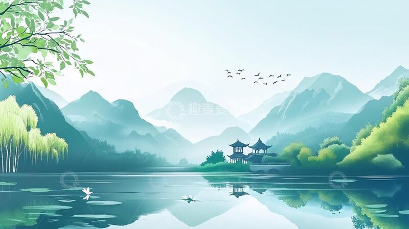 高清大图下载【趣麦麦图】中式山湖插画6