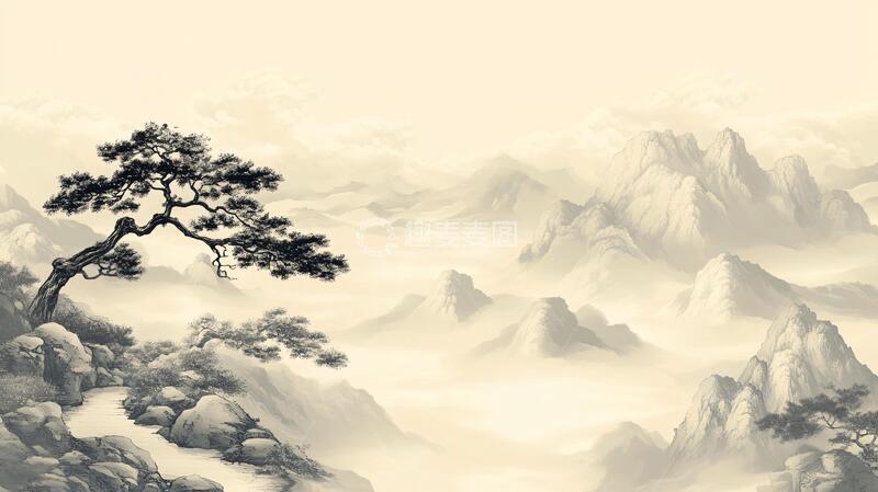 高清大图下载【趣麦麦图】迎客松水墨山川6