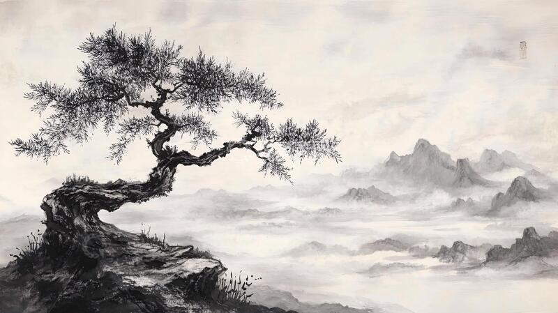 高清大图下载【趣麦麦图】工笔画古柏禅意手绘意境