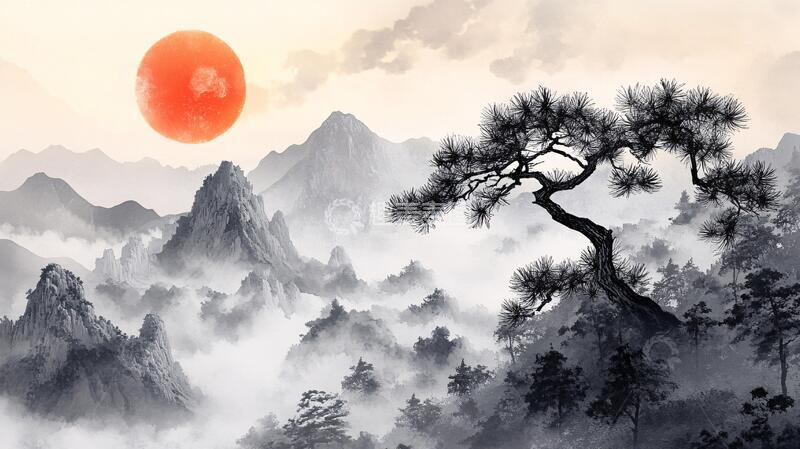 高清大图下载【趣麦麦图】迎客松水墨山川4