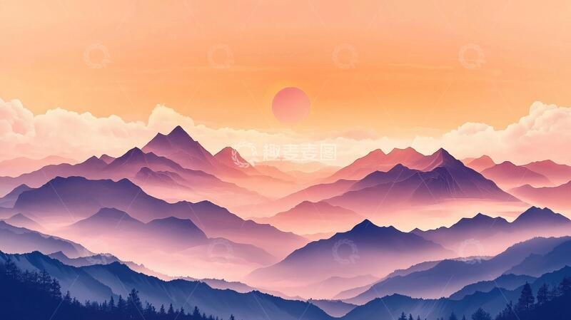 高清大图下载【趣麦麦图】红日水墨山水115