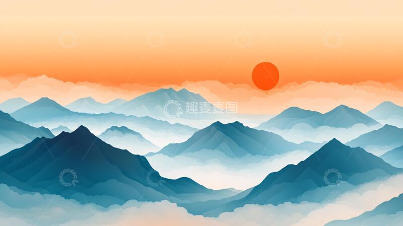 高清大图下载【趣麦麦图】红日水墨山水116