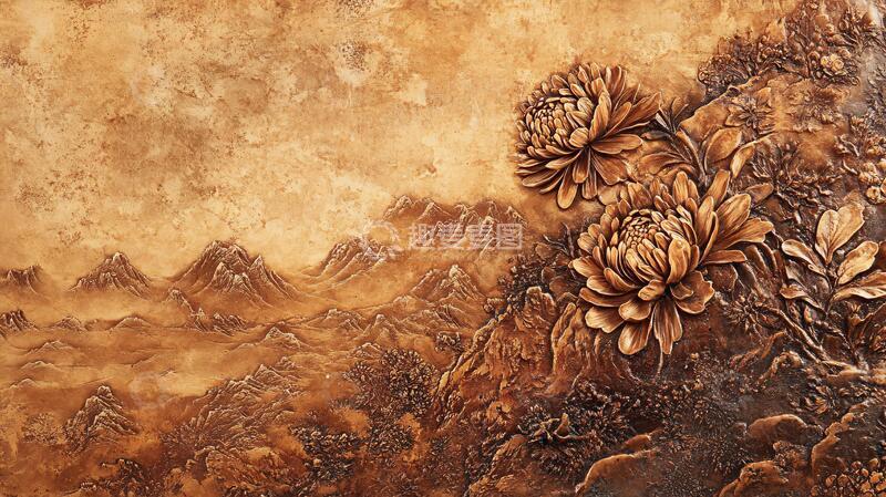 高清大图下载【趣麦麦图】菊铜浮雕浮雕壁画金色