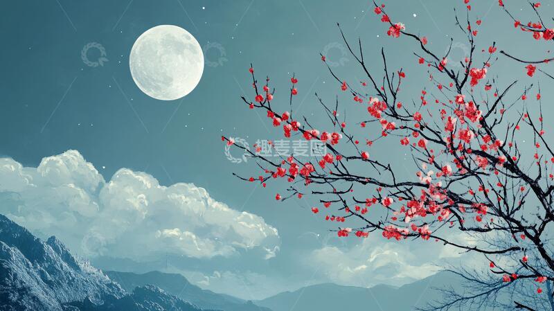 高清大图下载【趣麦麦图】花好月圆水墨山水画10