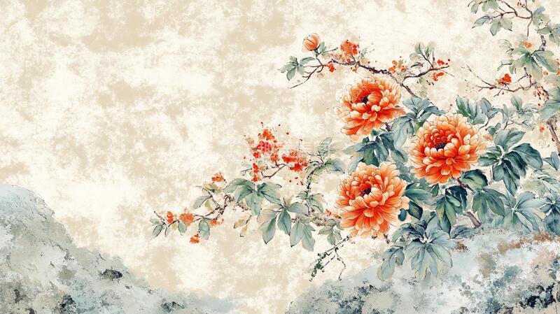 高清大图下载【趣麦麦图】石榴花壁画壁画花鸟手绘