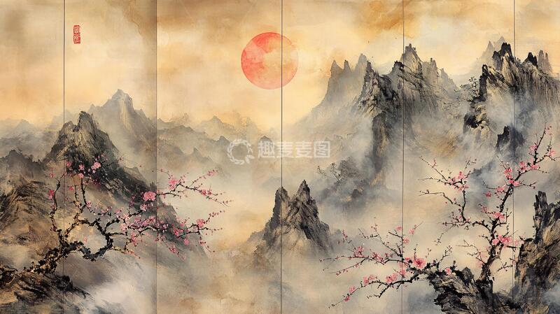 高清大图下载【趣麦麦图】屏风溪流山峦梅花