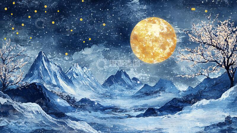 高清大图下载【趣麦麦图】雪山月夜插画梦幻手绘