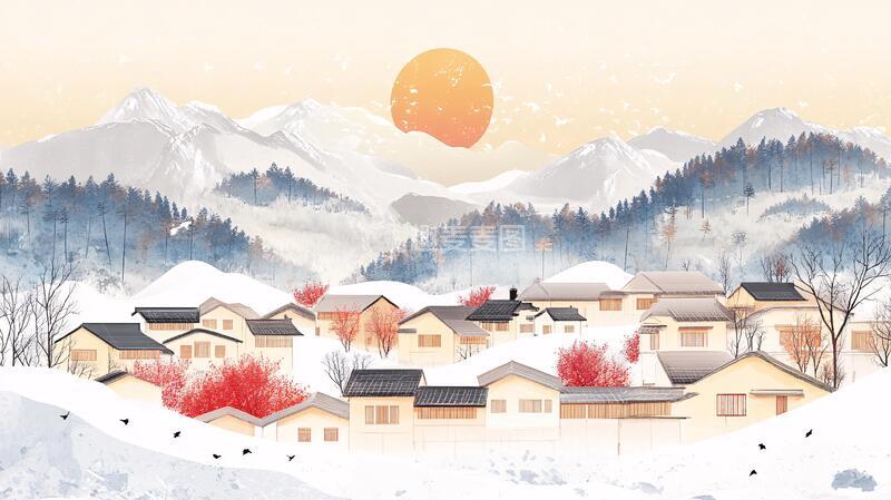 高清大图下载【趣麦麦图】冬季乡村小镇落日