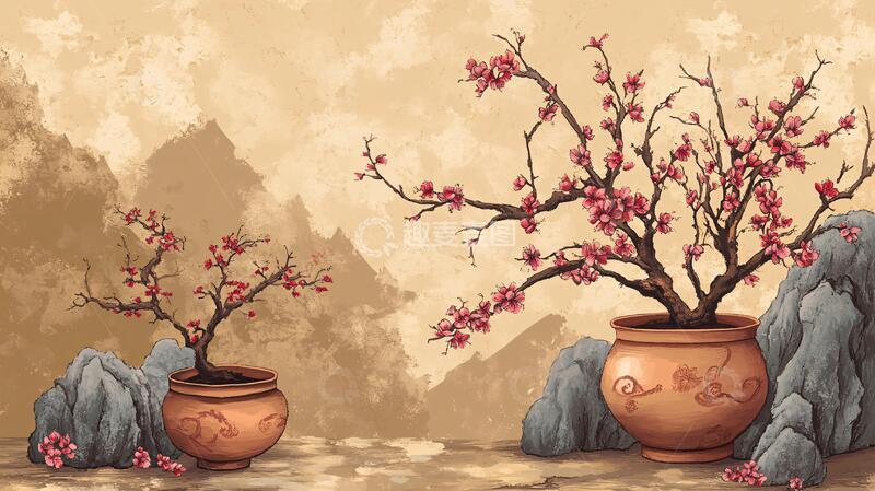 高清大图下载【趣麦麦图】梅花假山插画1
