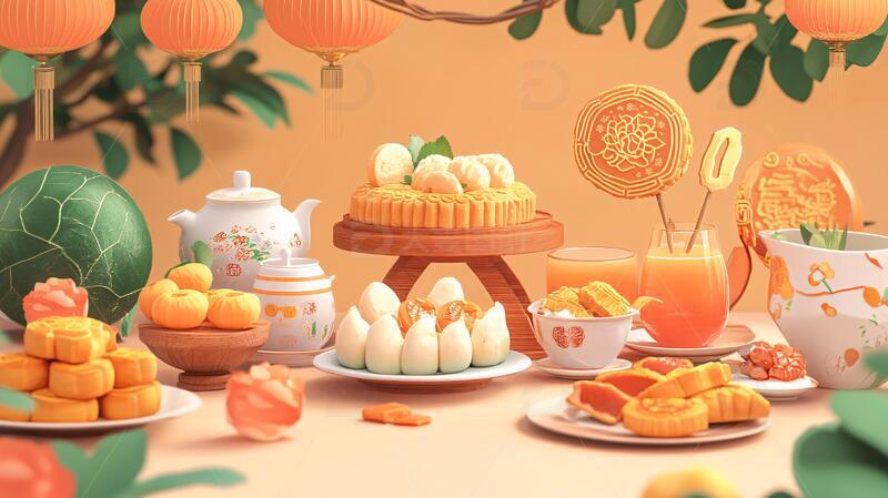 高清大图下载【趣麦麦图】月饼场景插画月饼包装