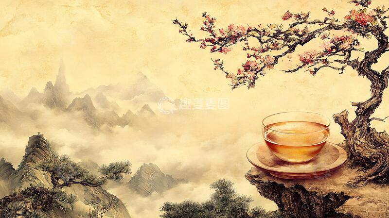 高清大图下载【趣麦麦图】茶杯山水背景茶杯水墨