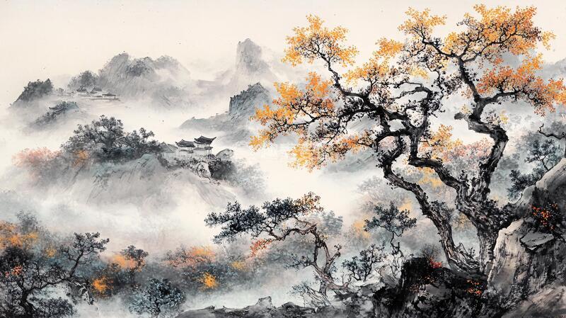 高清大图下载【趣麦麦图】秋色山水画秋色秋景金线