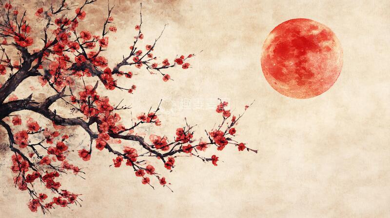高清大图下载【趣麦麦图】红梅水彩画红日意境中式