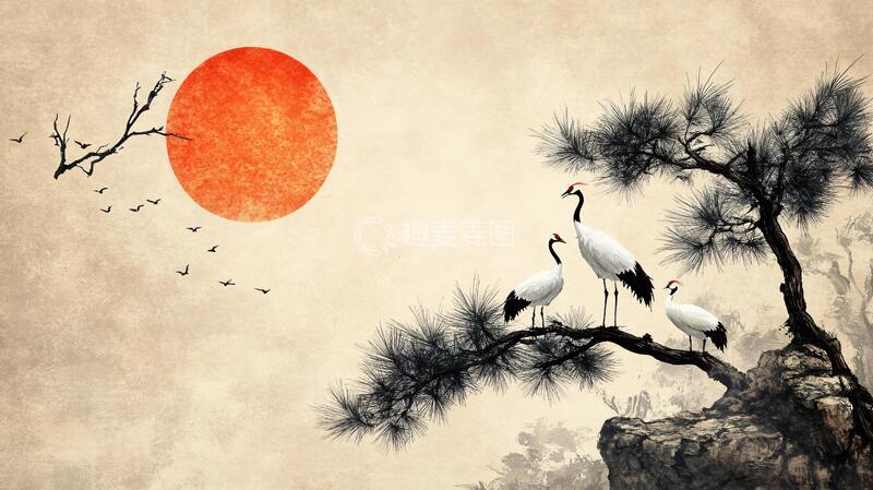 高清大图下载【趣麦麦图】梅花仙鹤旭日东升6