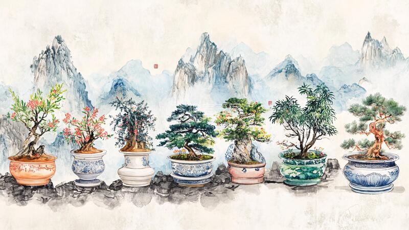 高清大图下载【趣麦麦图】山水画花盆盆景花盆中式