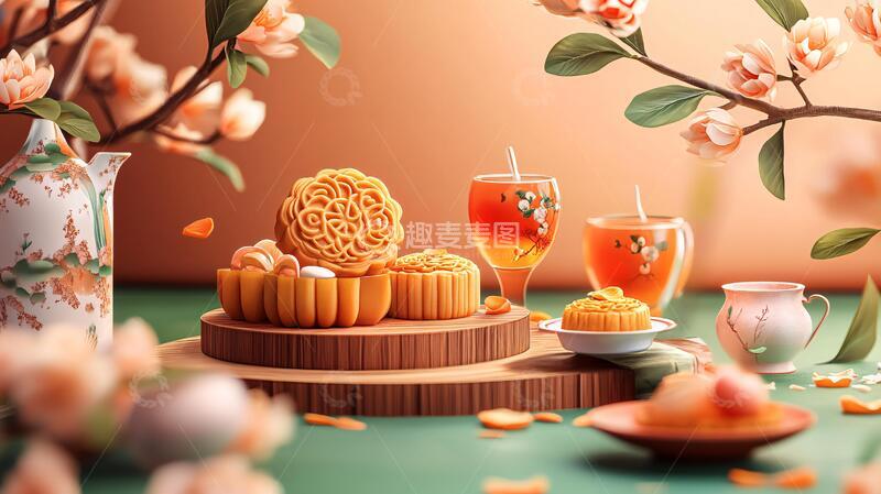 高清大图下载【趣麦麦图】月饼场景月饼插画场景1