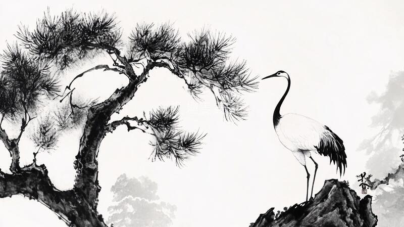 高清大图下载【趣麦麦图】水墨松鹤图仙鹤手绘水墨