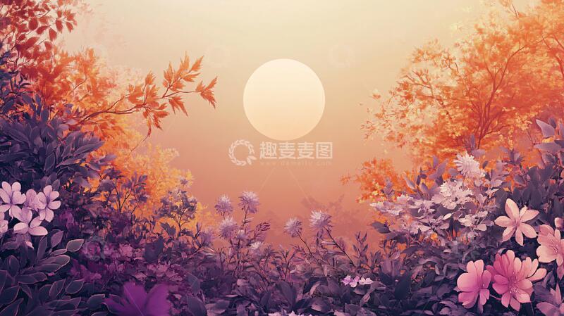 高清大图下载【趣麦麦图】落日与花朵落日插画花朵