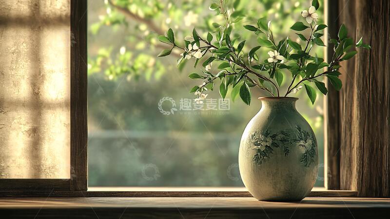 高清大图下载【趣麦麦图】木质花瓶绿叶插花