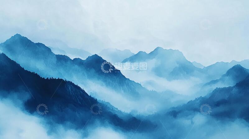 高清大图下载【趣麦麦图】蓝调水墨山水墨意境群山