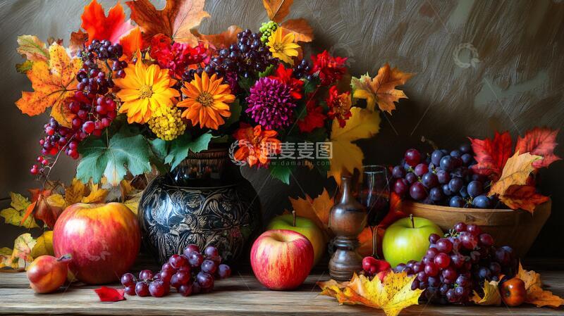 高清大图下载【趣麦麦图】秋天静物画秋色花艺果品