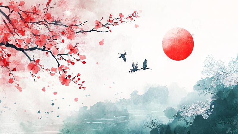 高清大图下载【趣麦麦图】红日出东方意境中式画6