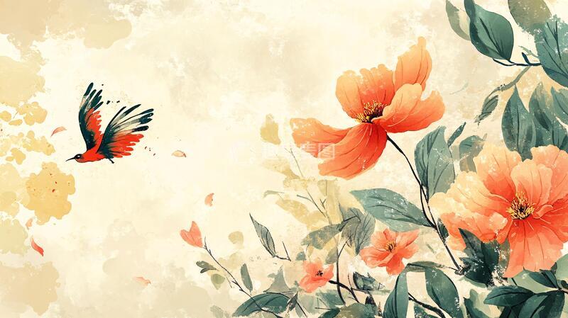 高清大图下载【趣麦麦图】新中式手绘红色花鸟3