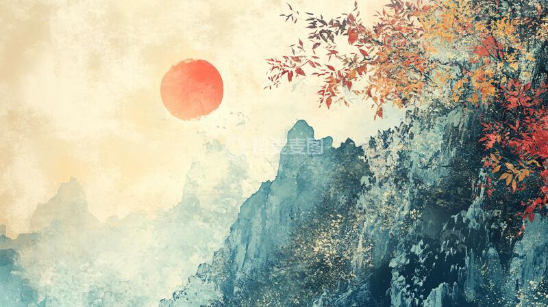 高清大图下载【趣麦麦图】红日水墨山水112