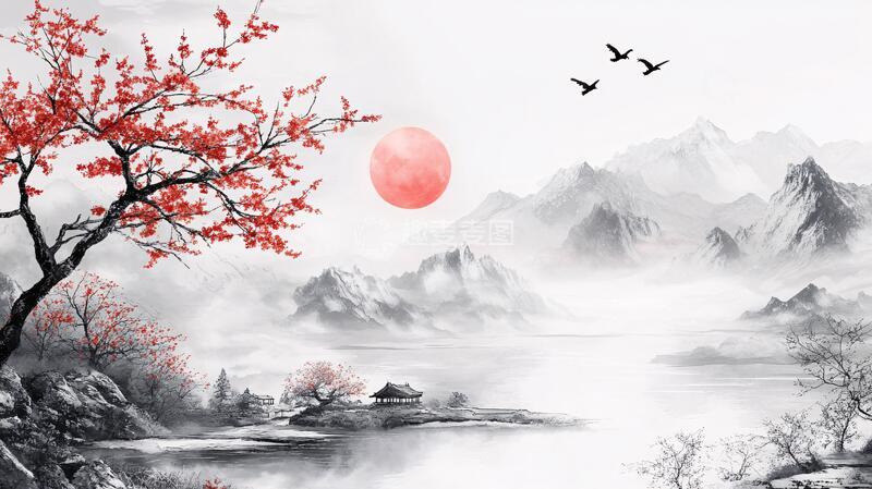 高清大图下载【趣麦麦图】红日水墨山水111