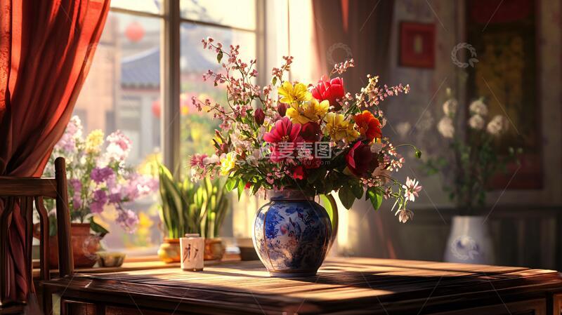 高清大图下载【趣麦麦图】菊花郡花农家窗边复古2