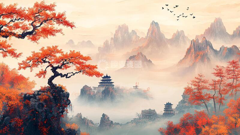 高清大图下载【趣麦麦图】仙鹤楼阁古风山水画17