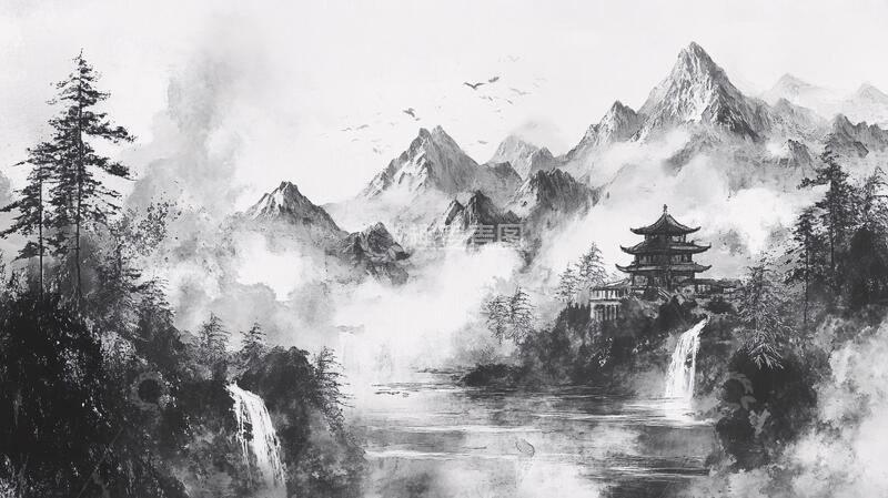 高清大图下载【趣麦麦图】仙鹤楼阁古风山水画18