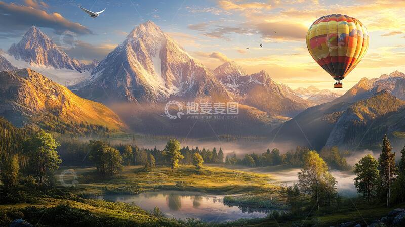 高清大图下载【趣麦麦图】热气球山间晨景