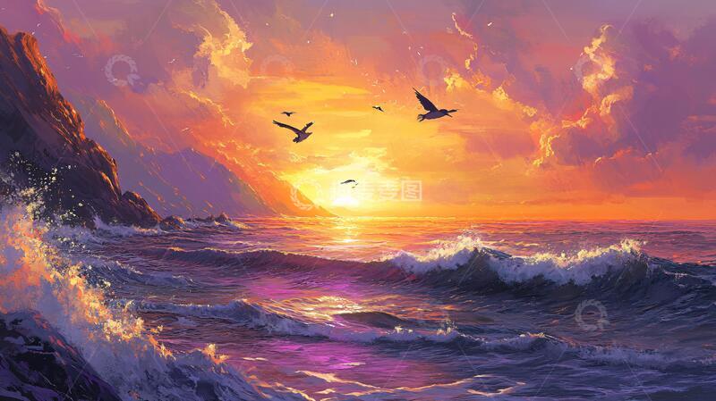 高清大图下载【趣麦麦图】海边落日插画56