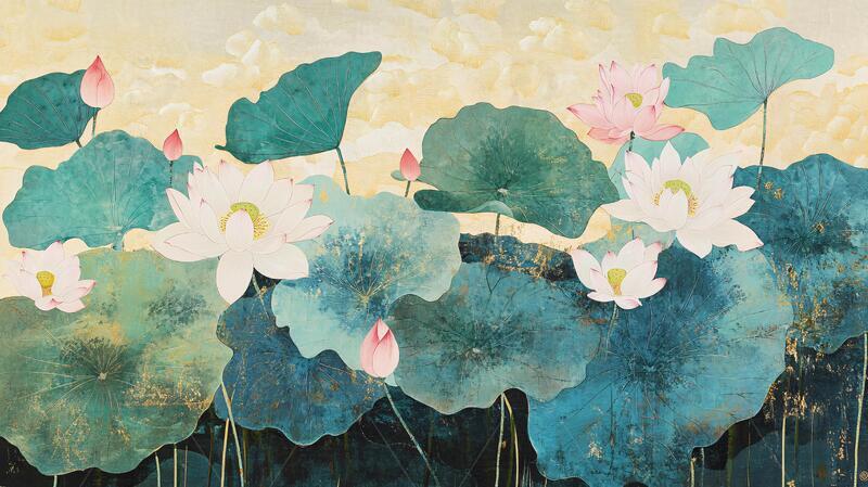 高清大图下载【趣麦麦图】新中式大幅荷花壁画1