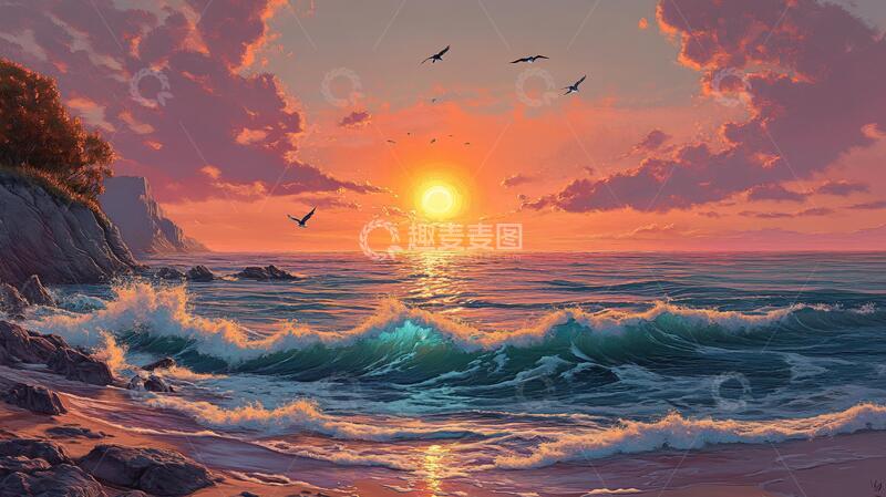 高清大图下载【趣麦麦图】海边落日插画54