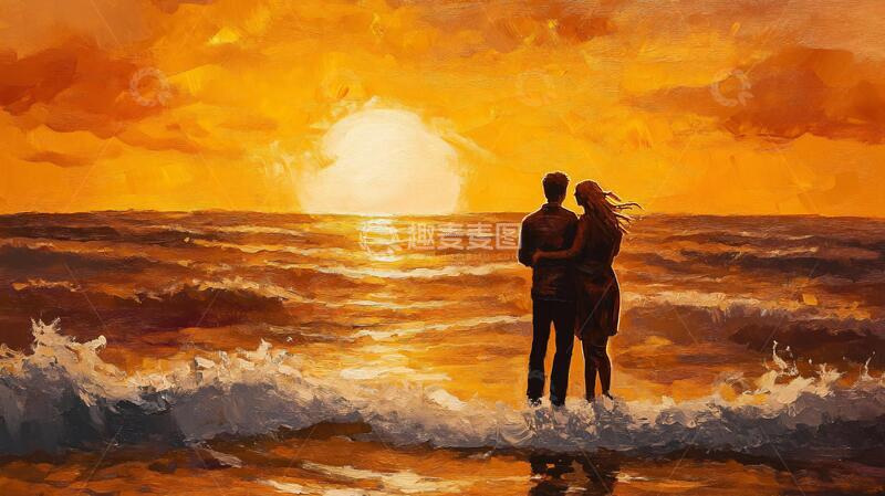 高清大图下载【趣麦麦图】手绘看海的情侣插画