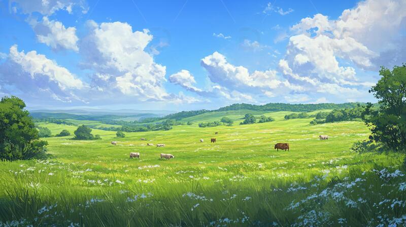 高清大图下载【趣麦麦图】牧场桌面图场景宽幅插画