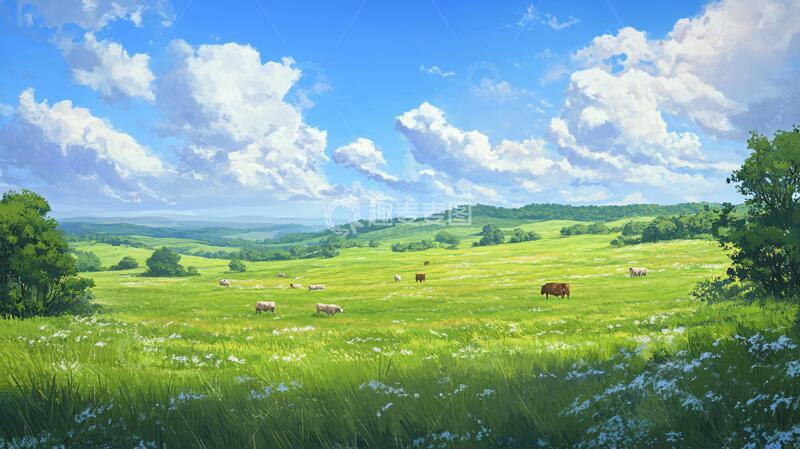 高清大图下载【趣麦麦图】牧场桌面图场景宽幅插画