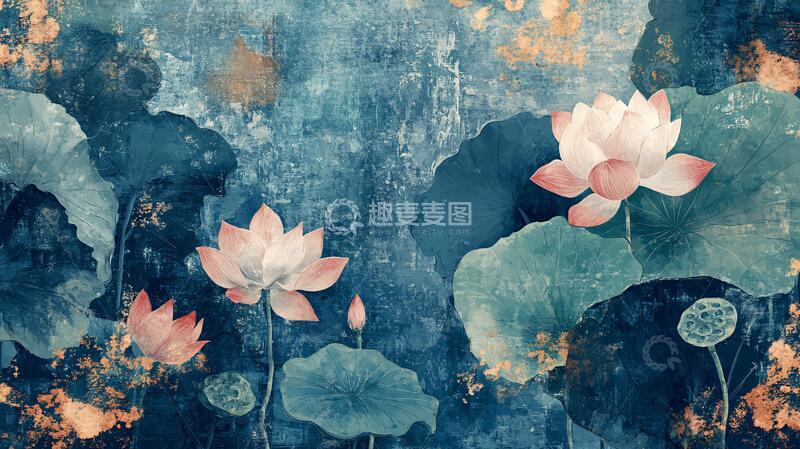 高清大图下载【趣麦麦图】蓝色荷花壁画