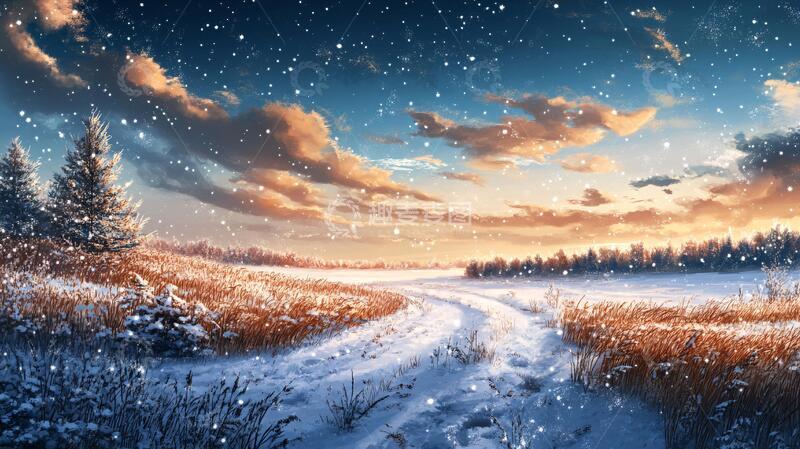 高清大图下载【趣麦麦图】手绘雪夜风景无框画9