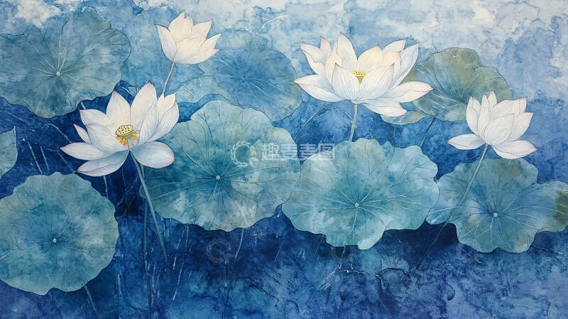 高清大图下载【趣麦麦图】蓝色荷花壁画1
