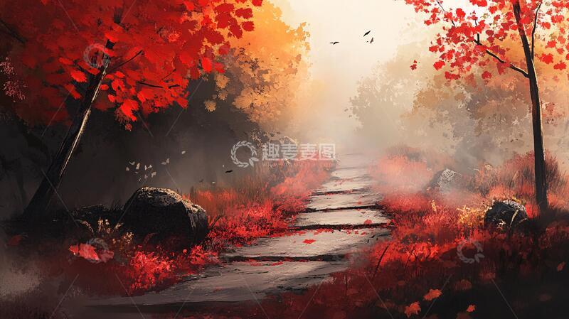 高清大图下载【趣麦麦图】唯美红叶插画