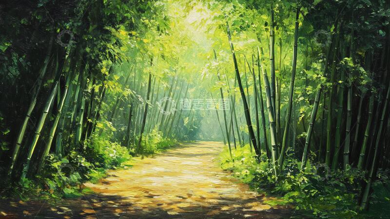 高清大图下载【趣麦麦图】竹林油画小路背景绿色