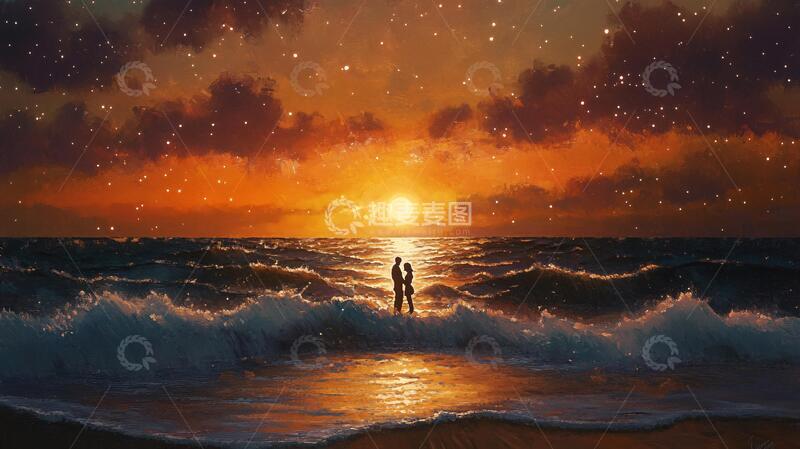 高清大图下载【趣麦麦图】海边落日插画53